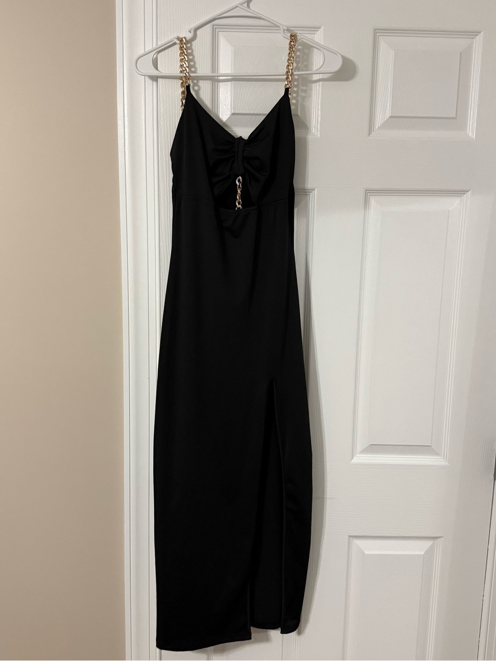 Black Chain-Strap Midi Dress with Front Slit